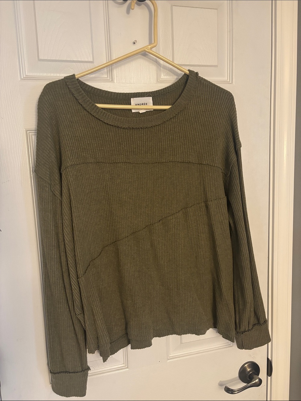 Andree Olive Ribbed Diagonal Seam Long Sleeve Top
